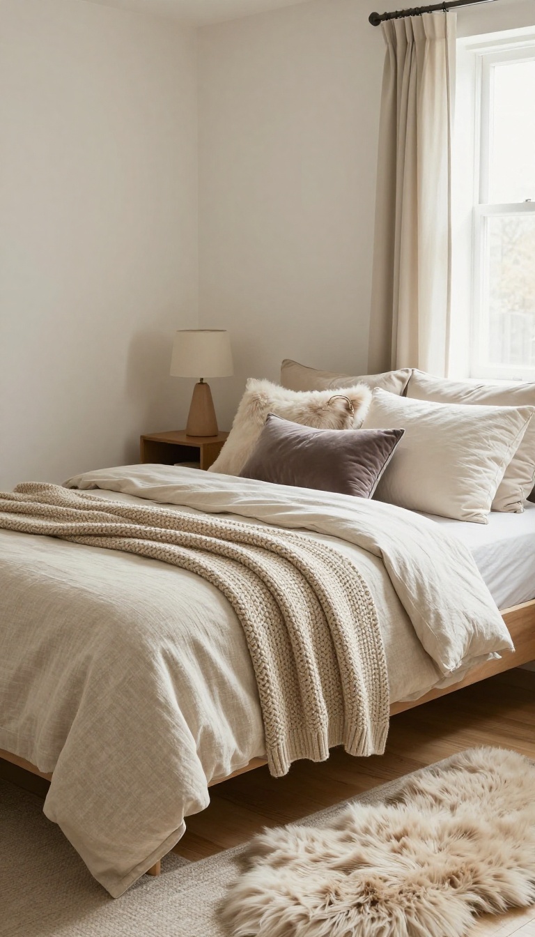 Cozy small bedroom with layered textured throws and pillows in neutral tones, featuring a chunky knit throw and velvet and faux fur pillows on a bed with a linen duvet, and a faux fur rug beside the bed.