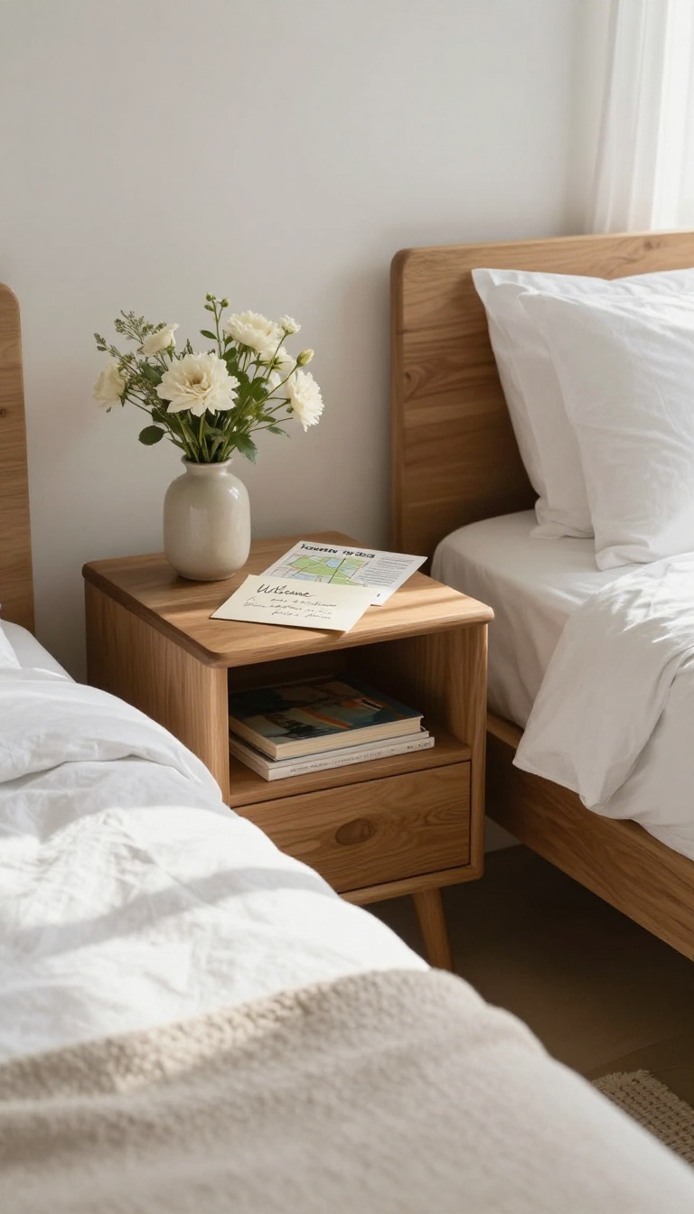 Guest bedroom with a handwritten welcome note and local tips card on a nightstand