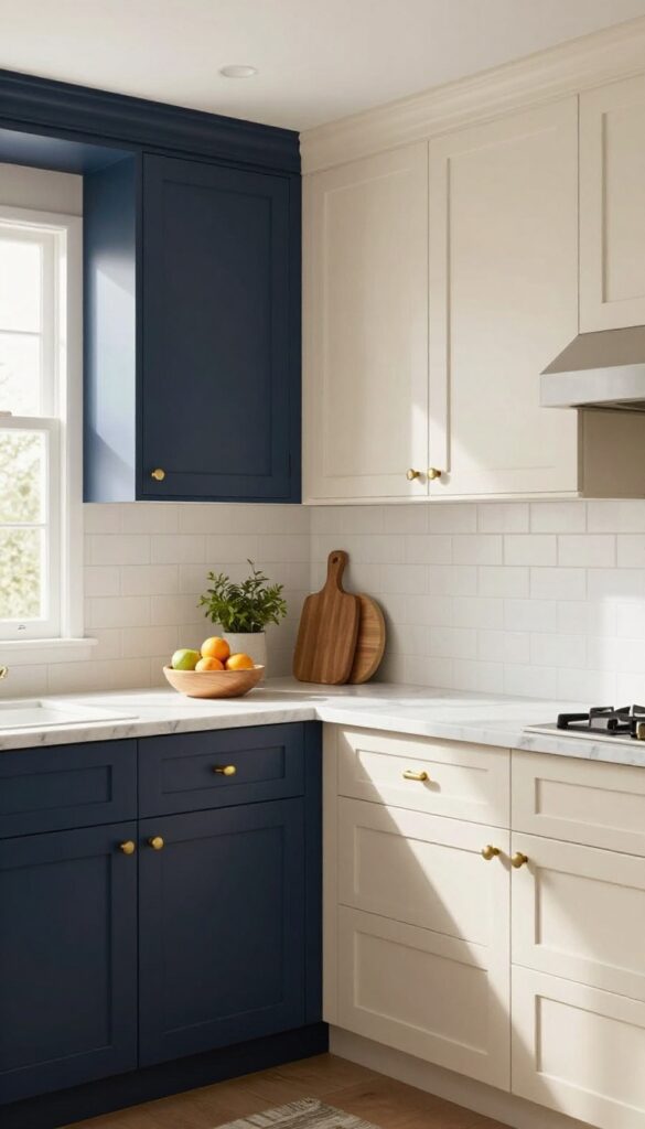 Two-tone kitchen cabinets with dark navy lower cabinets and cream upper cabinets, natural light, marble countertop, and brass hardware