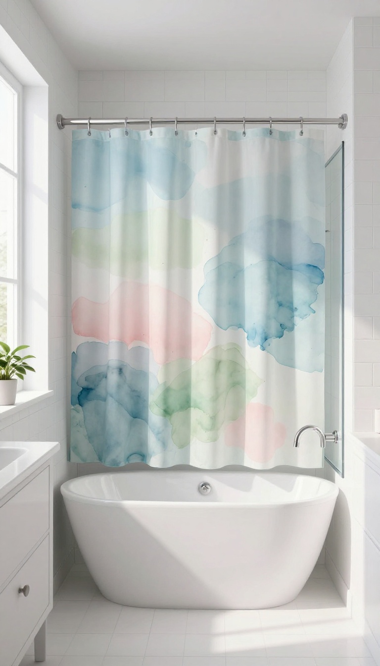 Abstract watercolor shower curtain in a bright bathroom with soft blue, pink, and green hues