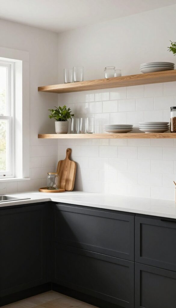 Black kitchen cabinets with open oak shelving displaying dishes and plants, bright natural light, modern minimalist design.