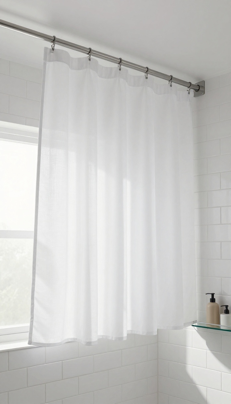 Ceiling shower curtain with built-in liner in a bright, modern bathroom