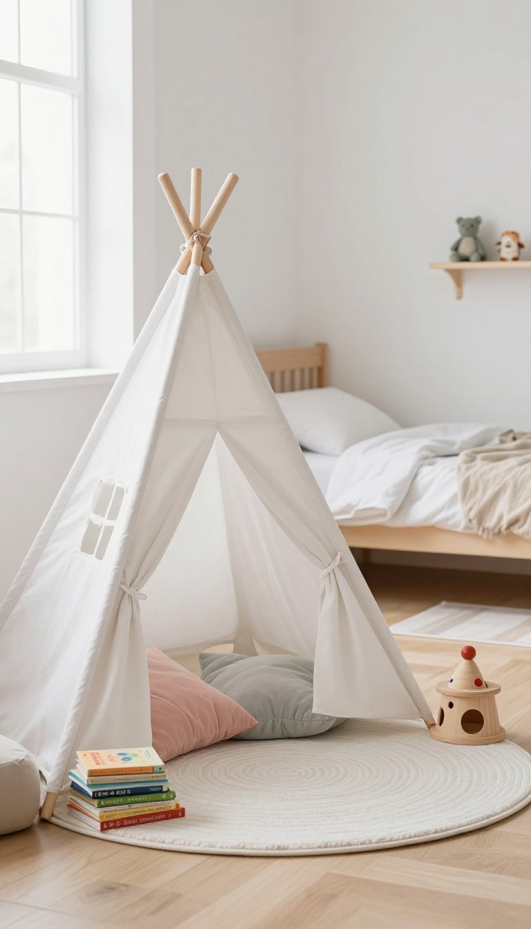 A white canvas teepee in a bright kids' bedroom corner, styled as a cozy play nook with cushions and a rug.
