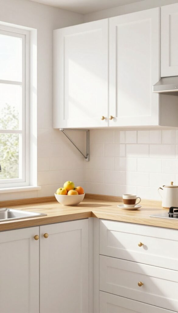 Fold-down table in a small kitchen, folded down with a bowl of fruit and a coffee cup, bright natural light, white cabinets and subway tile backsplash