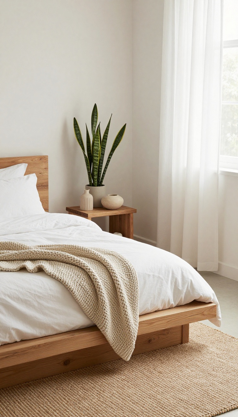 Cozy small bedroom with natural wood accents, potted plants, and soft natural light.
