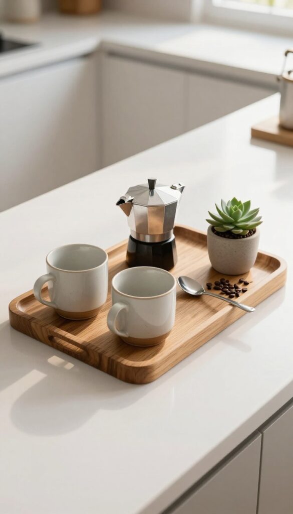 A wooden tray holding a coffee maker, mugs, a jar of beans, a spoon, and a small plant on a kitchen counter, with natural light.