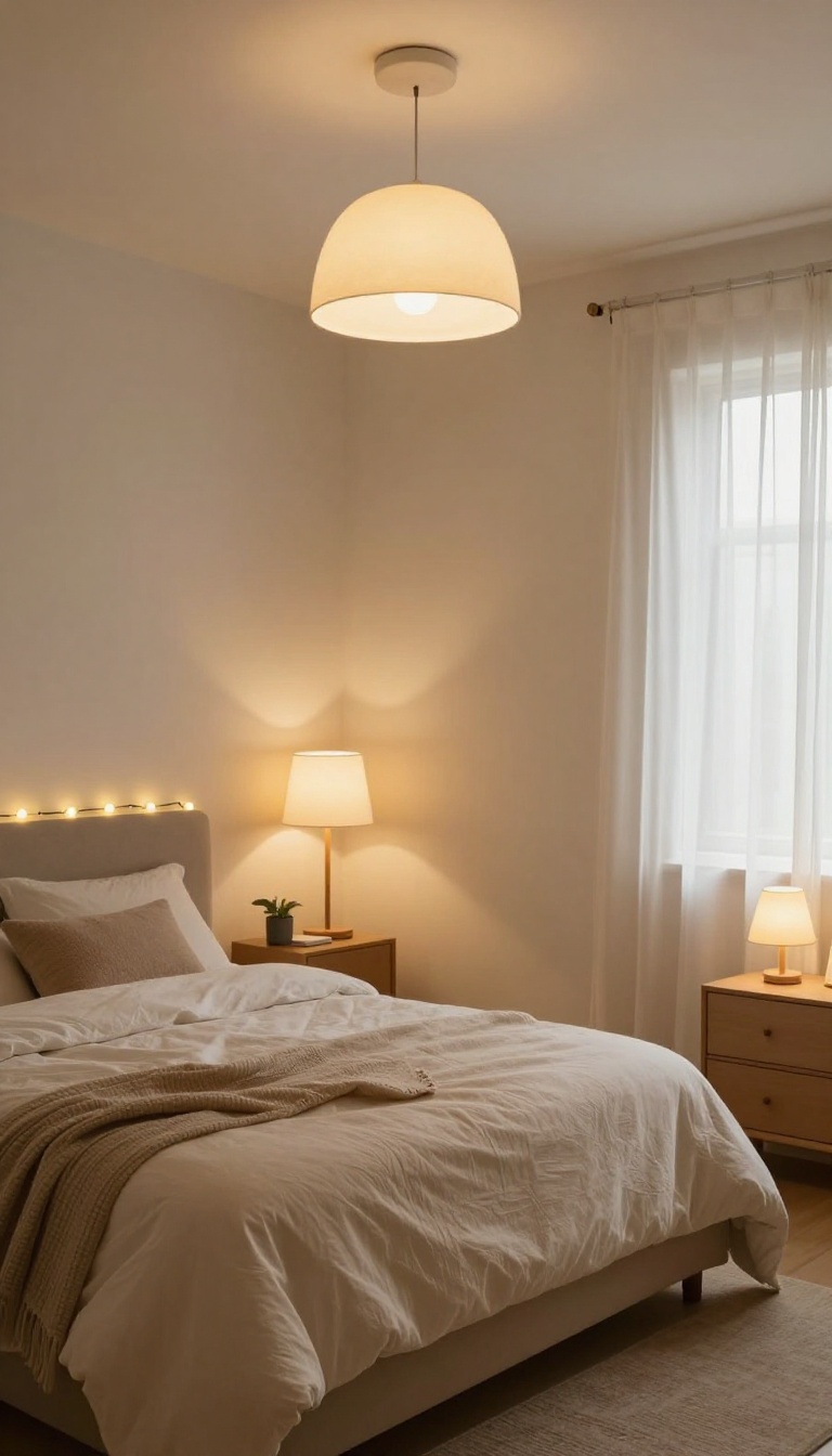 Small bedroom with layered lighting from ceiling light, bedside lamp, floor lamp, and string lights, creating a warm and cozy atmosphere.