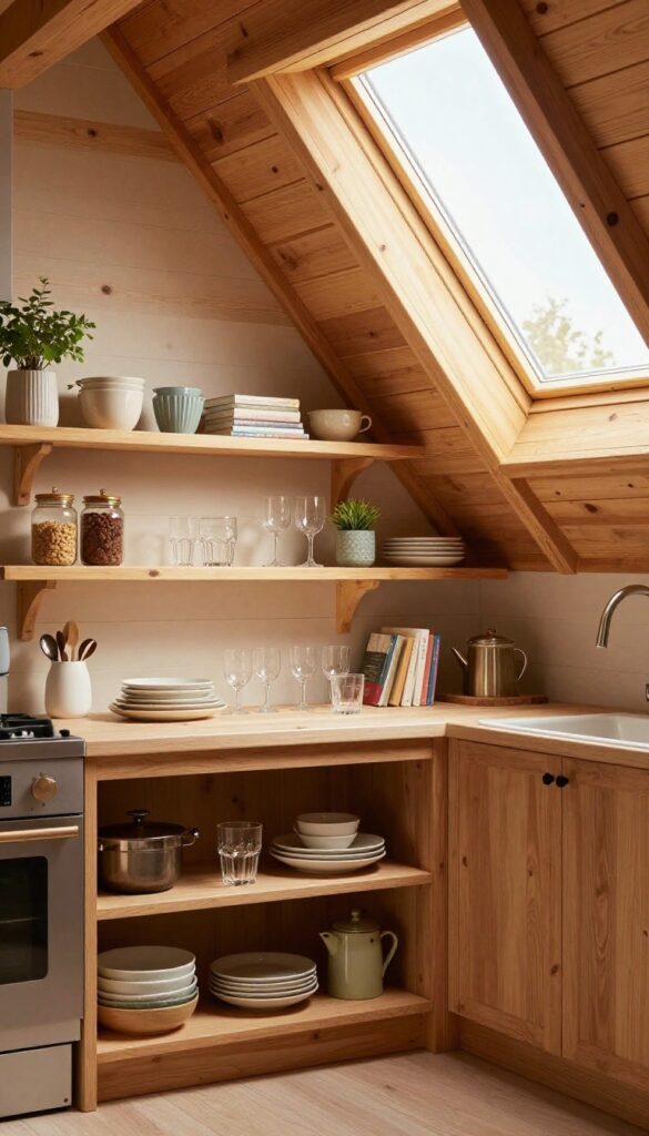 Open shelving in an attic kitchen with sloped ceilings and warm natural light