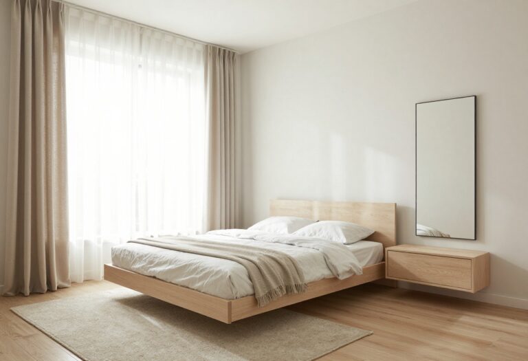 Small bedroom with low bed, floating nightstands, and mirror, designed with better proportions
