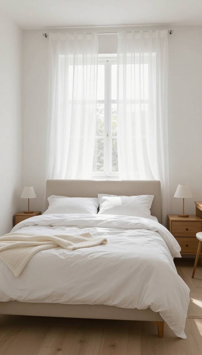 Small bedroom layout with bed under a window, sheer and blackout curtains, low headboard, and dresser on the opposite wall