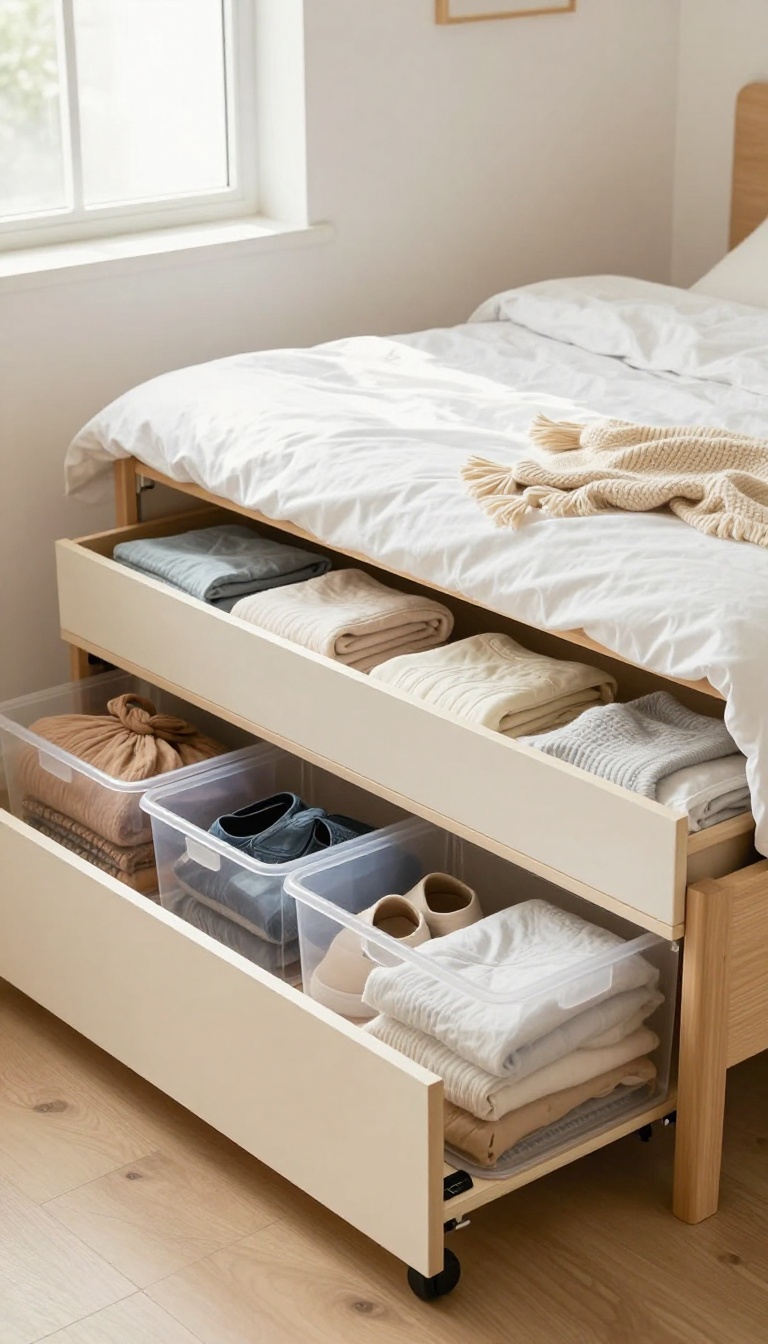 Under-bed storage bins and drawers neatly organized beneath a bed in a bright, cozy bedroom.