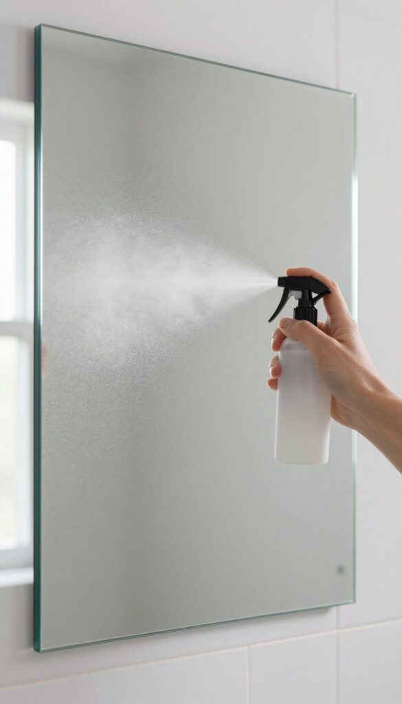 Hand spraying a fine mist onto a spotless bathroom mirror