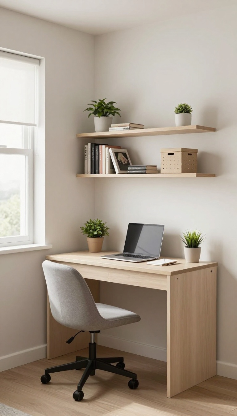 Murphy bed with built-in desk in a small home office guest room, folded up to reveal a tidy workspace with floating shelves and natural light.
