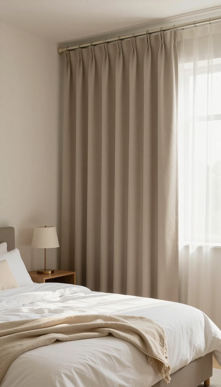 Cozy small bedroom with taupe blackout curtains drawn, soft natural light, hotel-like calm atmosphere