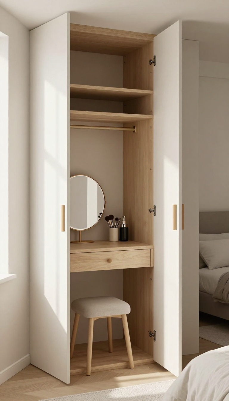 Small bedroom with a closet converted into a vanity area, featuring a mirror, stool, and organized beauty products.
