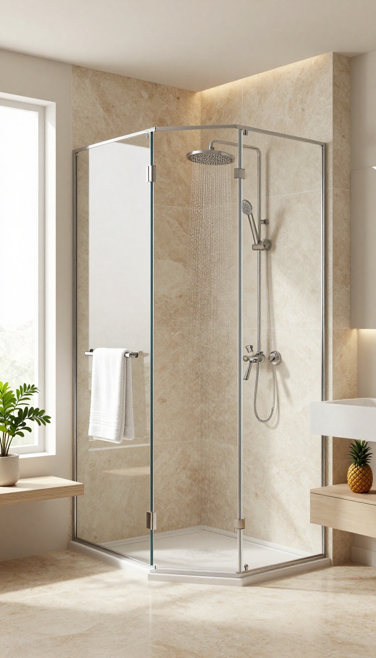 Modern shower-only bathroom with heated stone tile floor and natural light