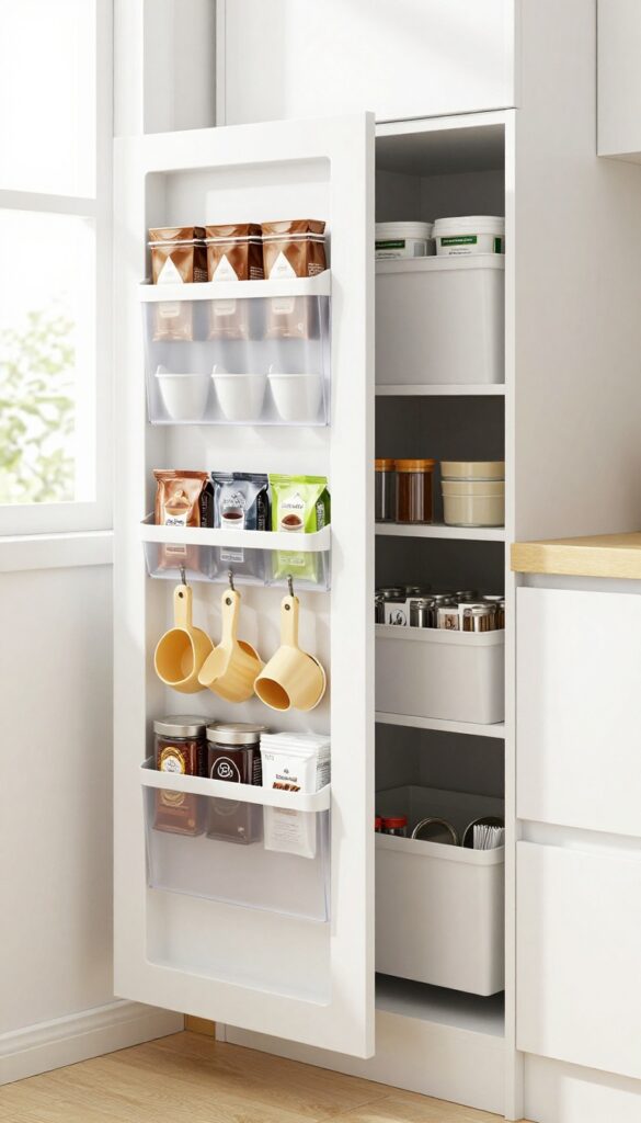 Over-the-door coffee organizer on a pantry door with coffee supplies