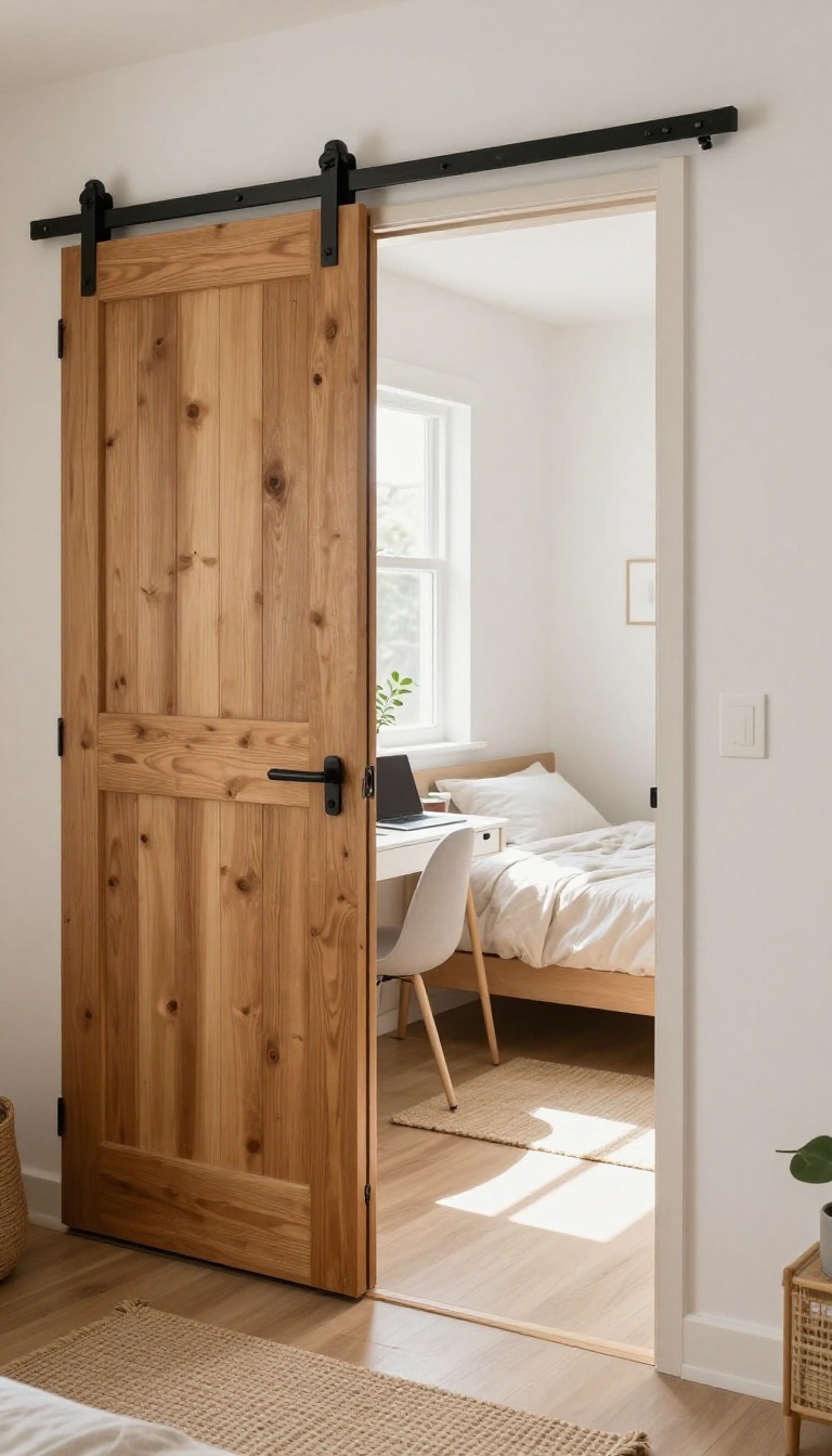 Sliding barn door dividing a small office and guest bedroom in a bright, stylish layout.