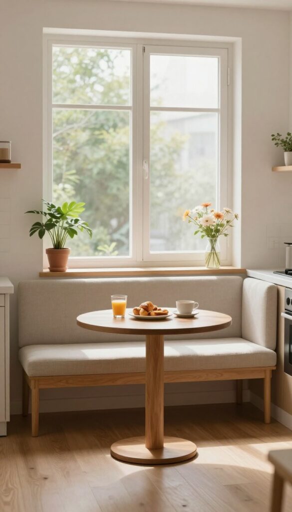 Cozy breakfast nook in a virtual kitchen with a small table, cushioned bench, window, plant, and flowers