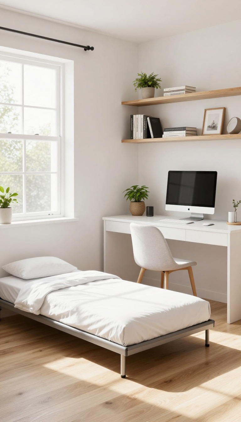 Guest bedroom with a Murphy bed folded up to reveal a home office desk and shelves.