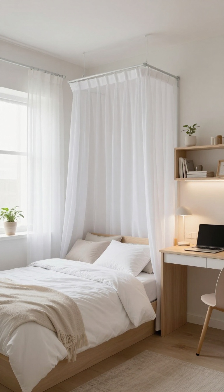 Guest room with a daybed and a curtained office nook, showing a flexible dual-purpose layout.