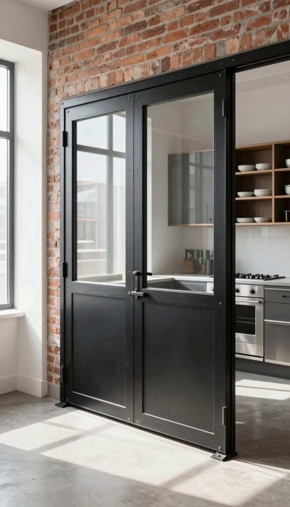 Industrial steel door in a modern loft kitchen with concrete floors and exposed brick