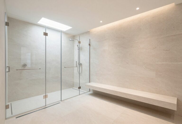 Large walk-in shower with rainfall showerhead and natural stone tile in a spa-inspired bathroom