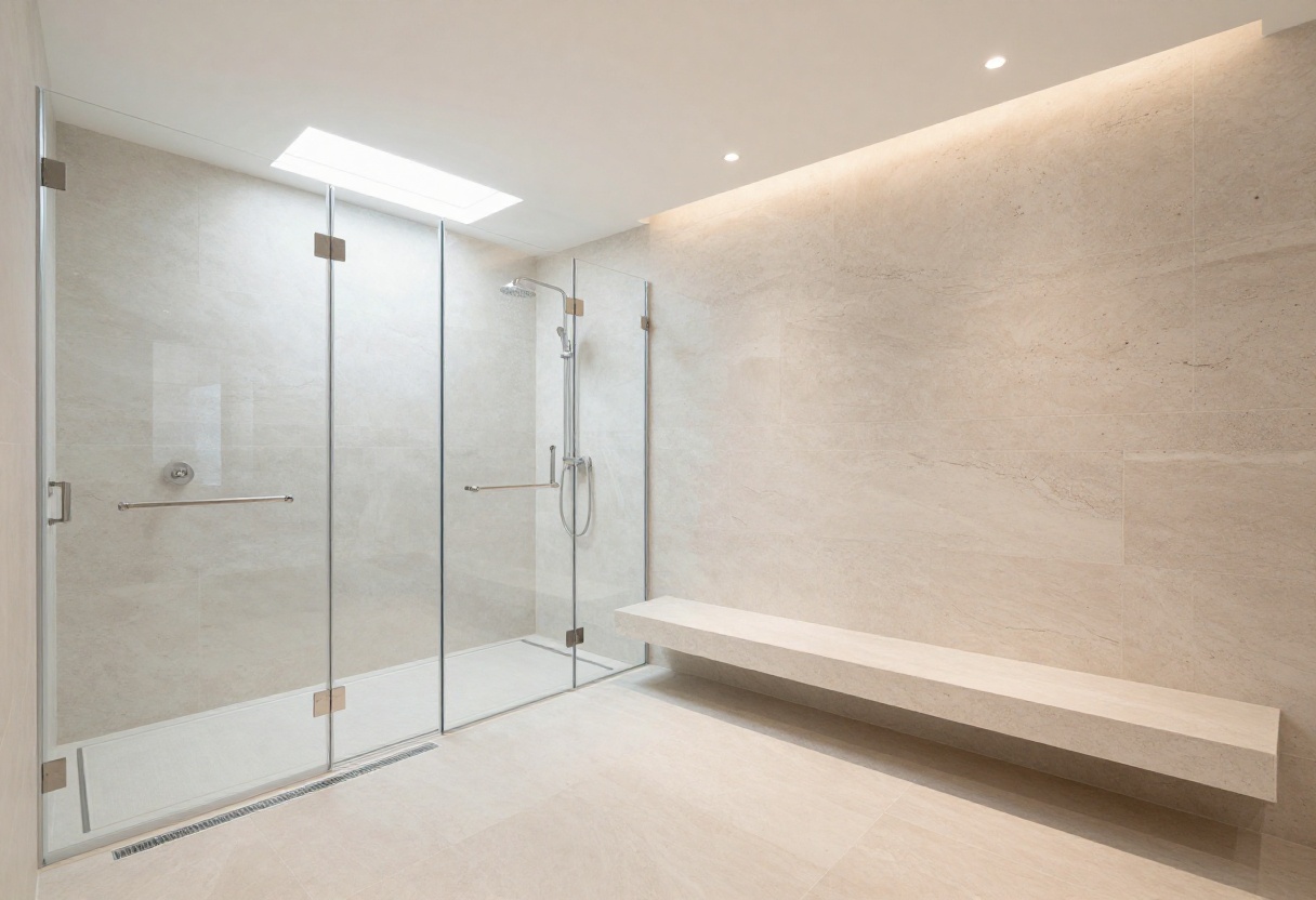 Large walk-in shower with rainfall showerhead and natural stone tile in a spa-inspired bathroom