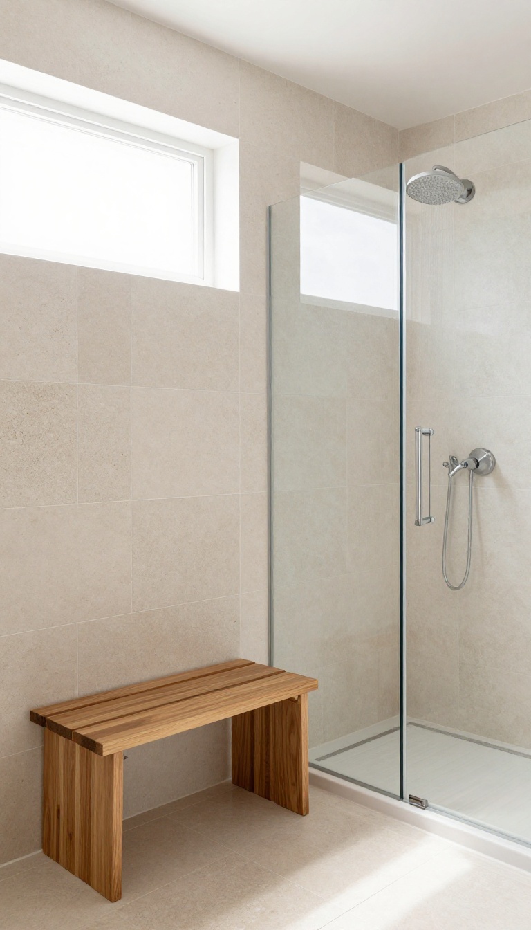 Small modern bathroom with a foldable teak shower seat mounted to the wall, folded up, with a glass shower door and natural light.