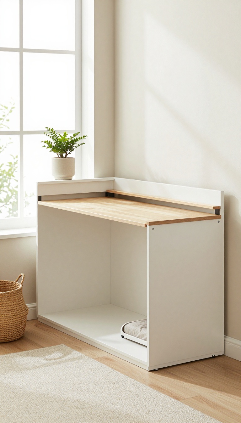 Modular furniture in a guest room office with a fold-down desk and a bed tucked under a platform