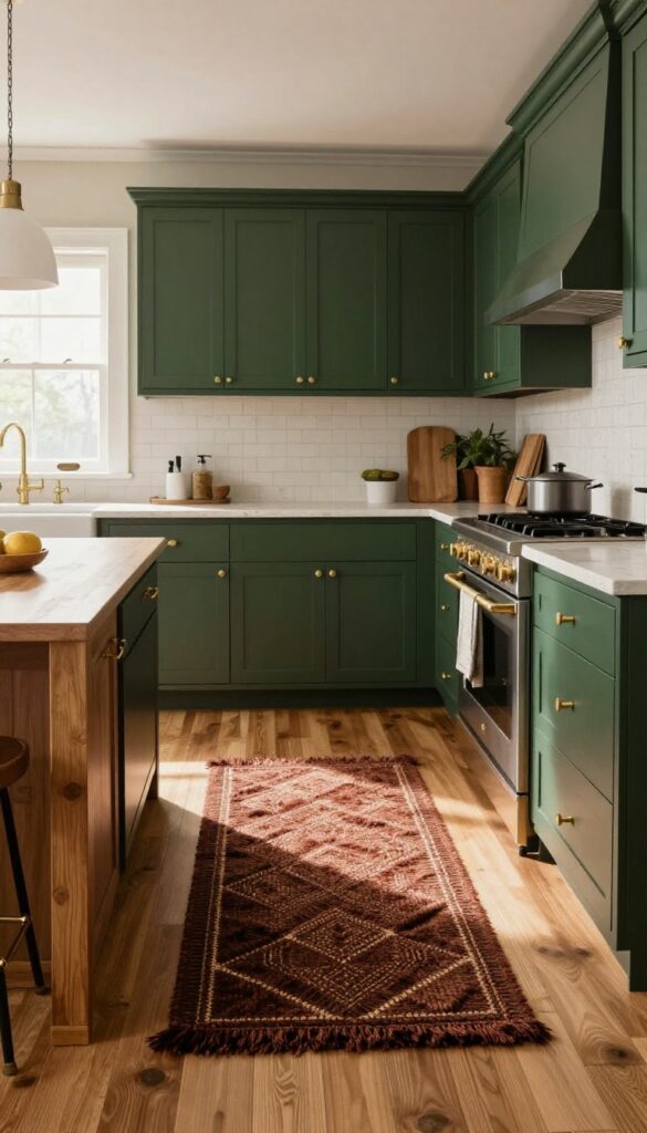 Warm moody kitchen with textured wool rugs in front of sink and stove, adding warmth and softness to the space.