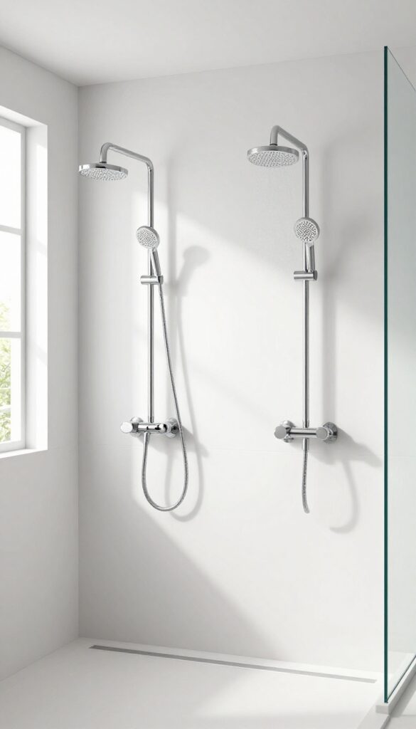 Modern bathroom shower with dual shower heads and separate temperature controls
