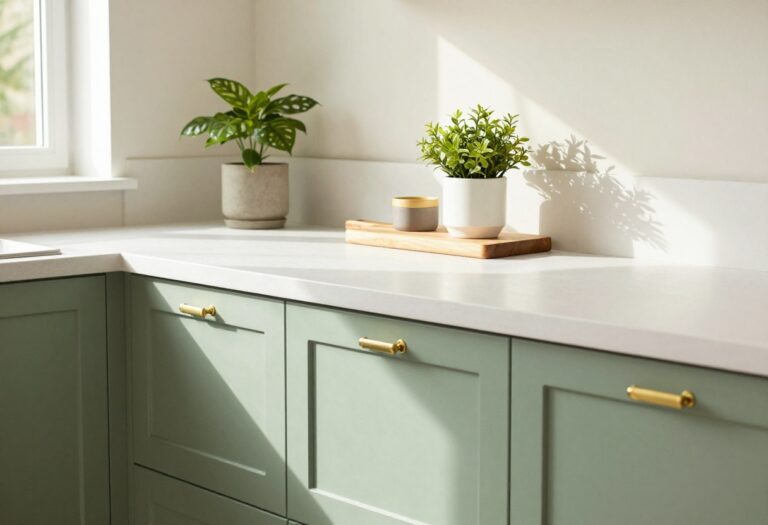 Cozy kitchen with sage green painted cabinets and brass hardware