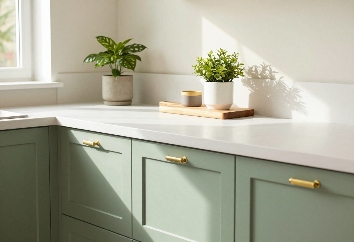 Cozy kitchen with sage green painted cabinets and brass hardware