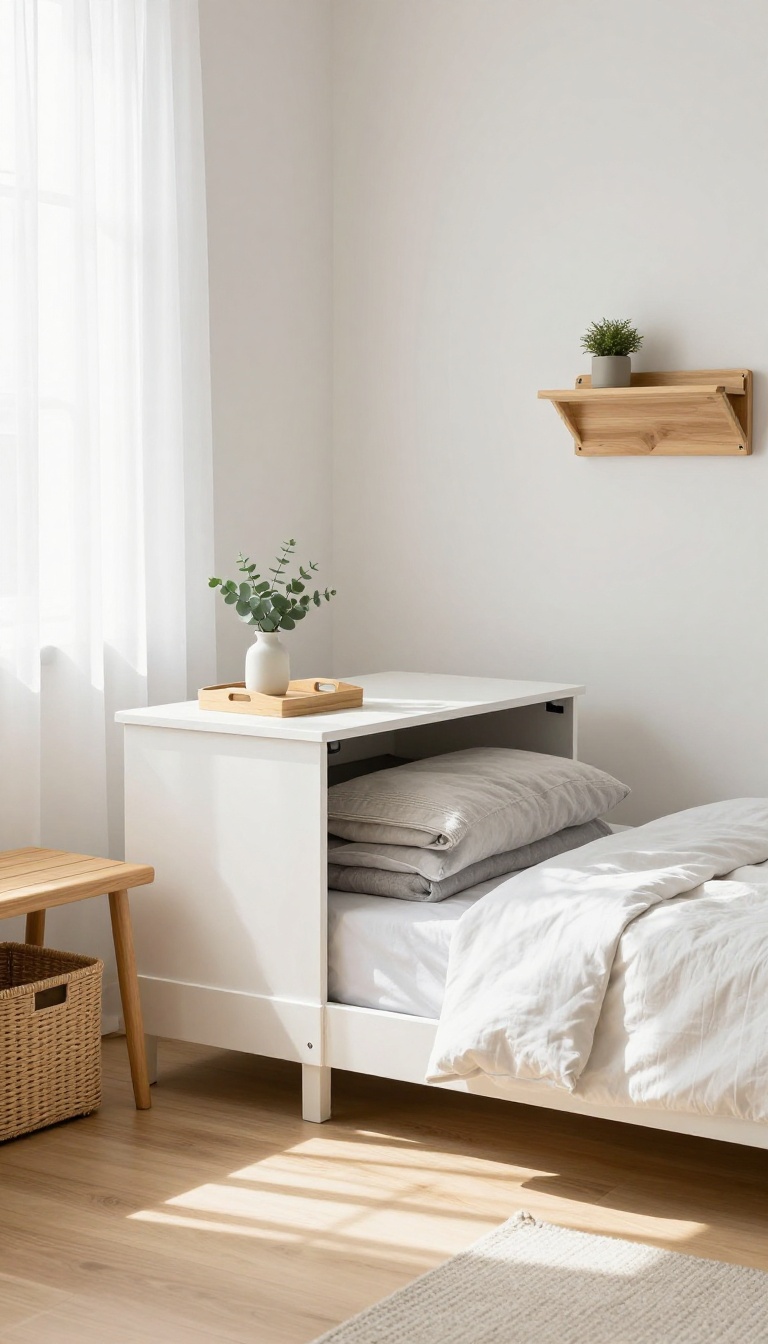 Small guest room with a storage ottoman, bench with baskets, and fold-down desk in bright natural light
