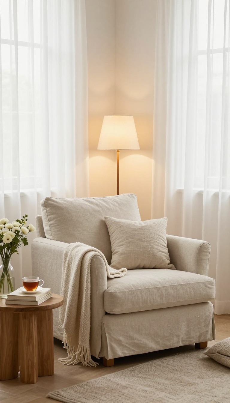 A cozy guest room reading nook with a comfortable armchair, warm floor lamp, side table with books and tea, and soft textiles near a window