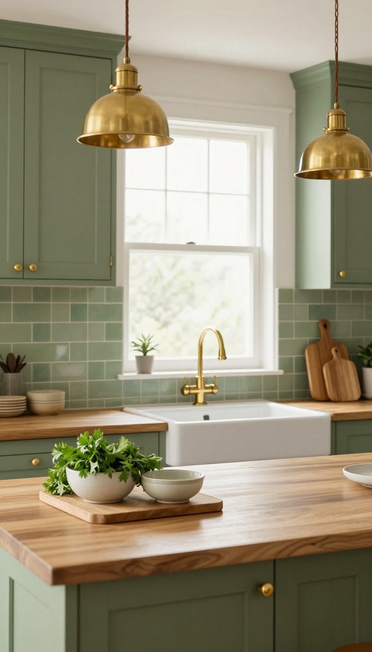 Olive green kitchen cabinets with brass fixtures and a brass pendant light