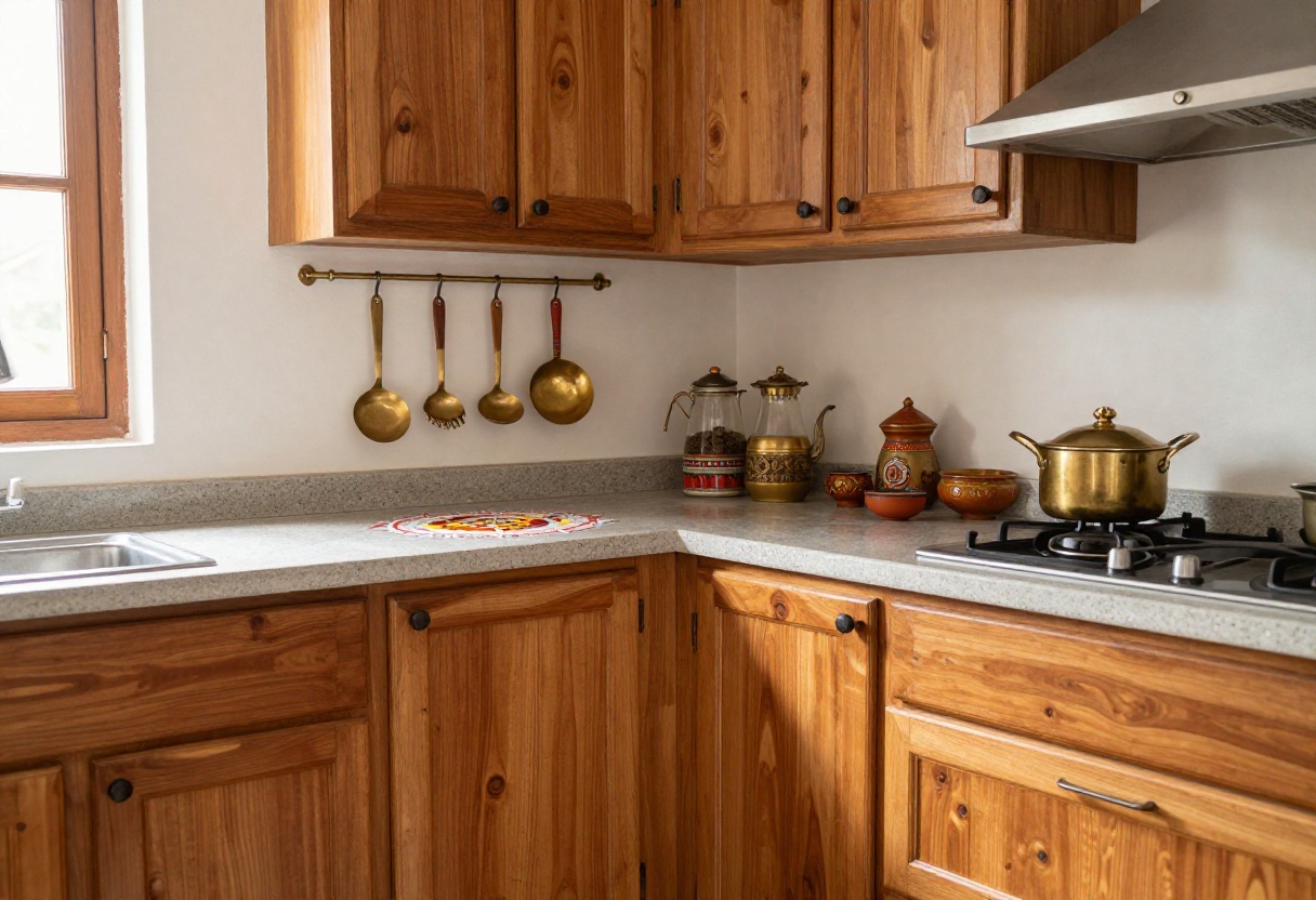 Traditional Indian kitchen with wooden shelves, brass pots, and a rangoli floor design