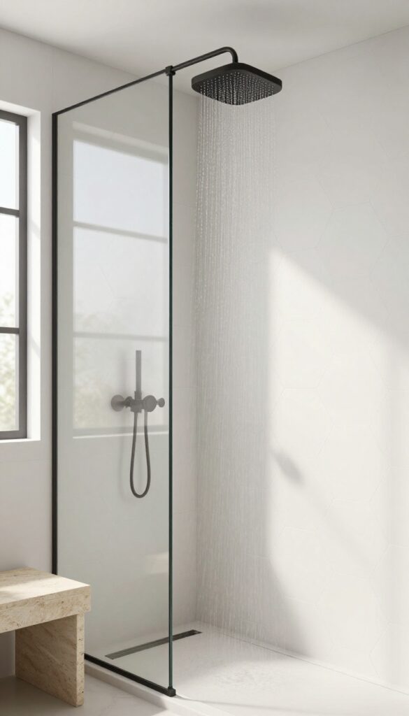 Modern bathroom shower with oversized matte white hexagon tiles, minimal grout lines, and a sleek rainfall showerhead