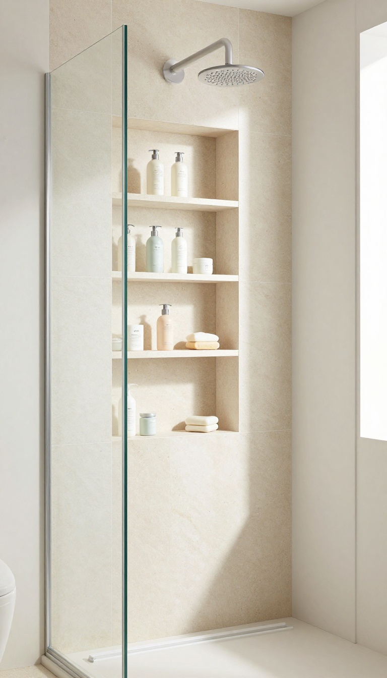 Modern walk-in shower with a recessed shelf niche holding toiletries, showcasing seamless storage and clean design.