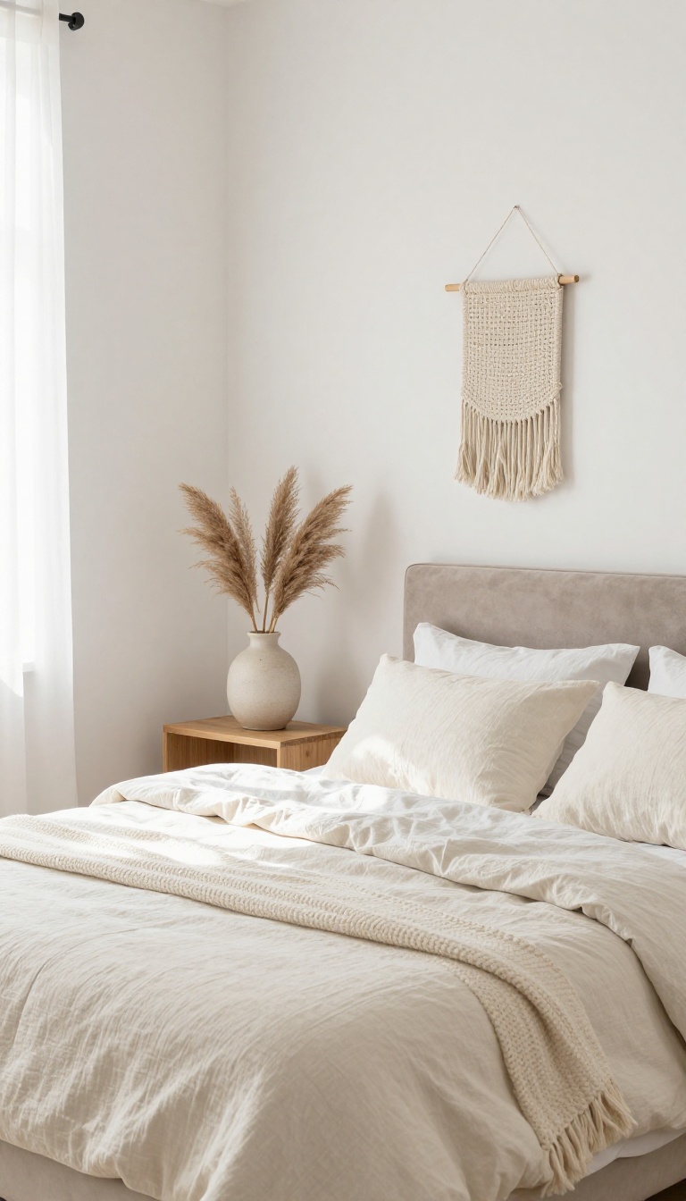 Small bedroom with light neutral colors and layered textures, featuring a cozy bed and natural light
