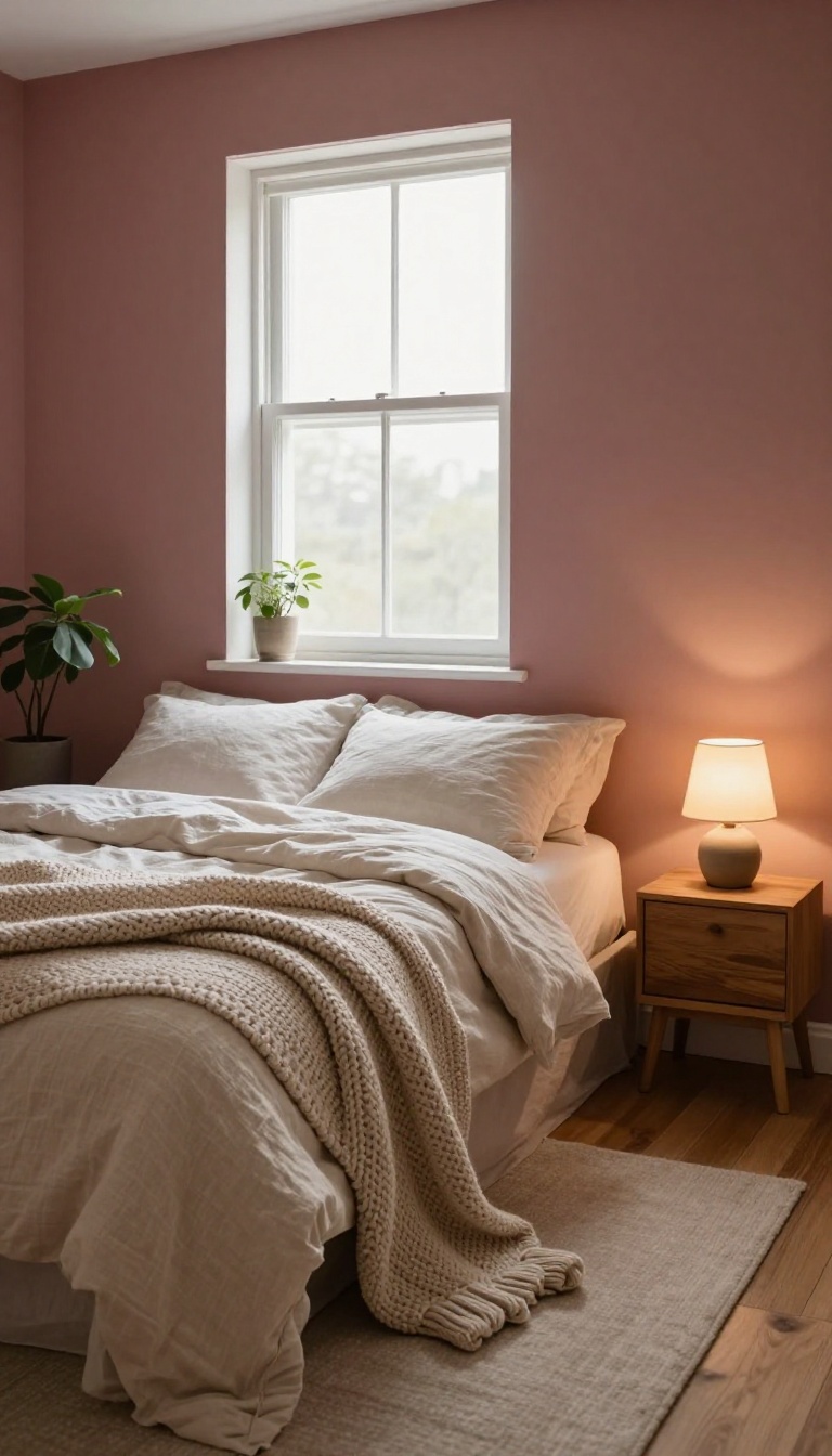 Cozy small bedroom with dusty rose walls, linen bedding, and warm lighting