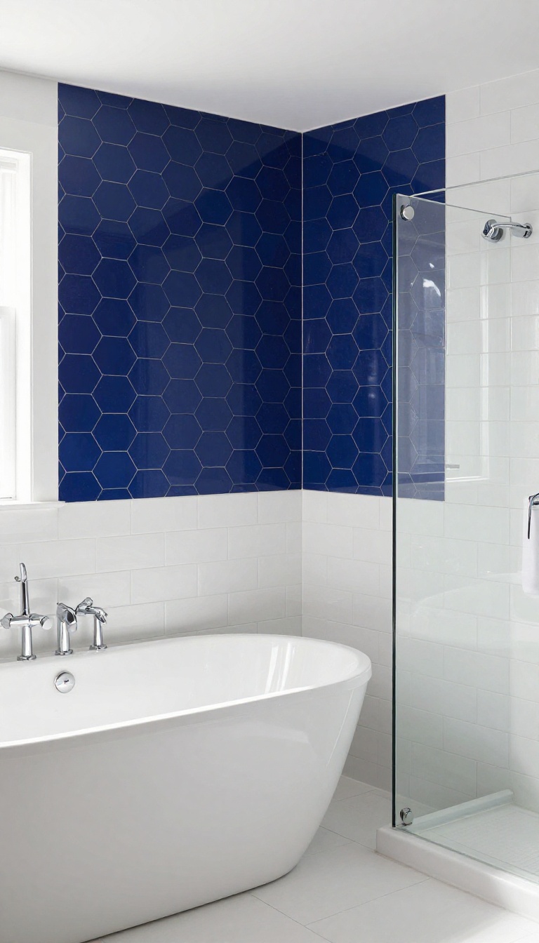 A bathroom with a navy blue hexagonal tile accent wall behind a white tub, surrounded by white subway tiles and chrome fixtures.
