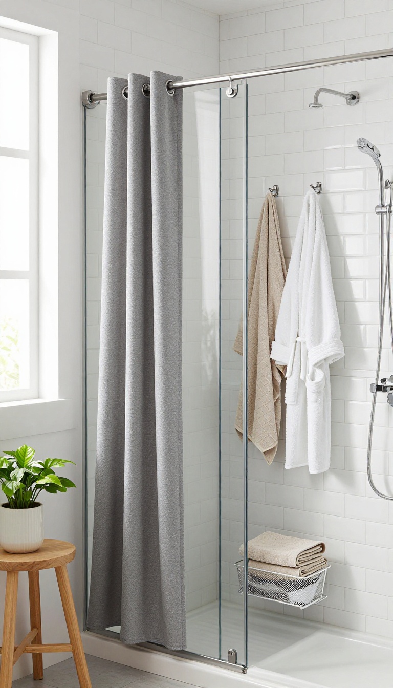 Small bathroom with tension rod curtain and over-the-door hooks holding towels and caddy
