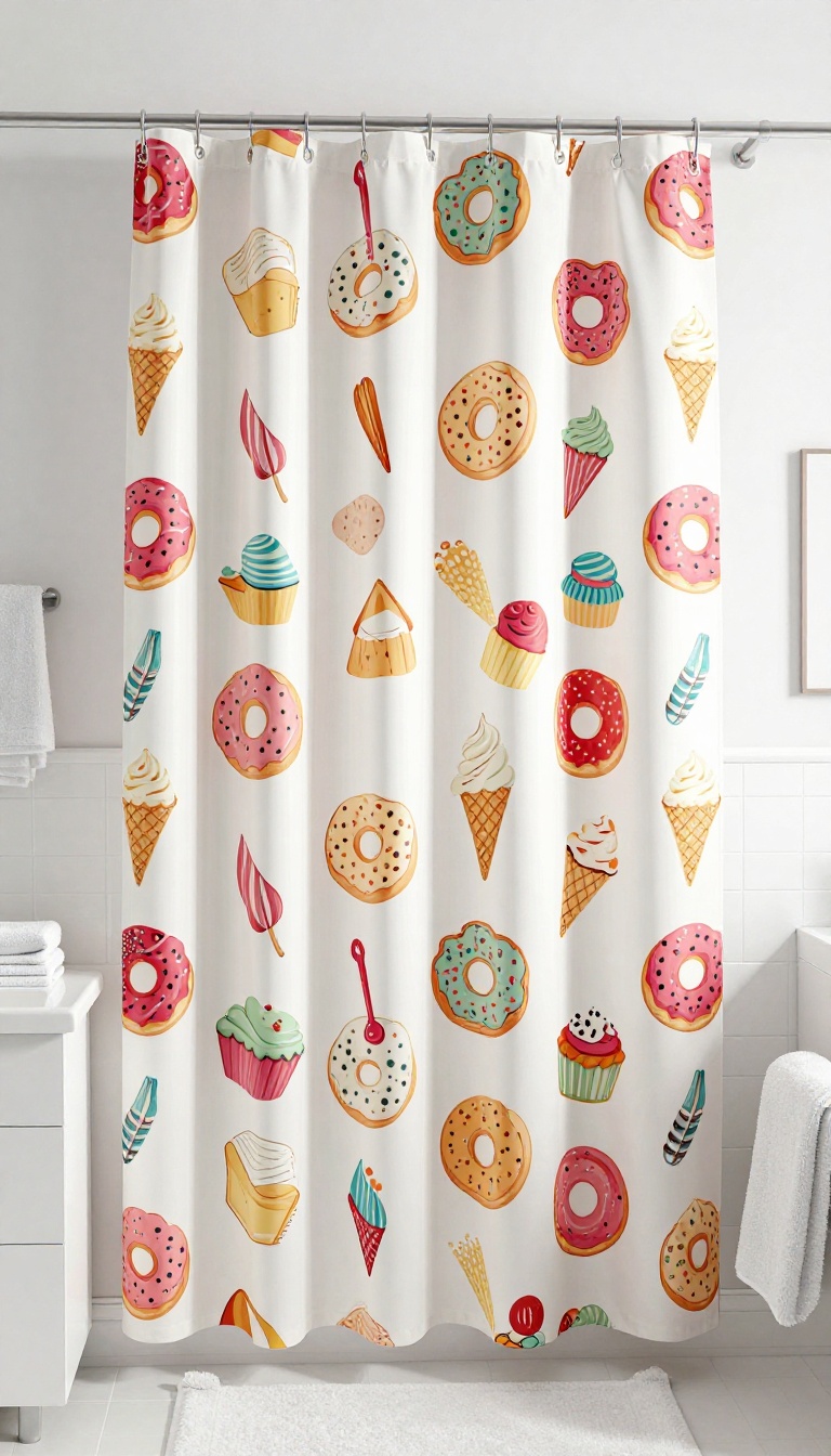 Playful food-themed shower curtain with donuts, cupcakes, and ice cream in a bright bathroom