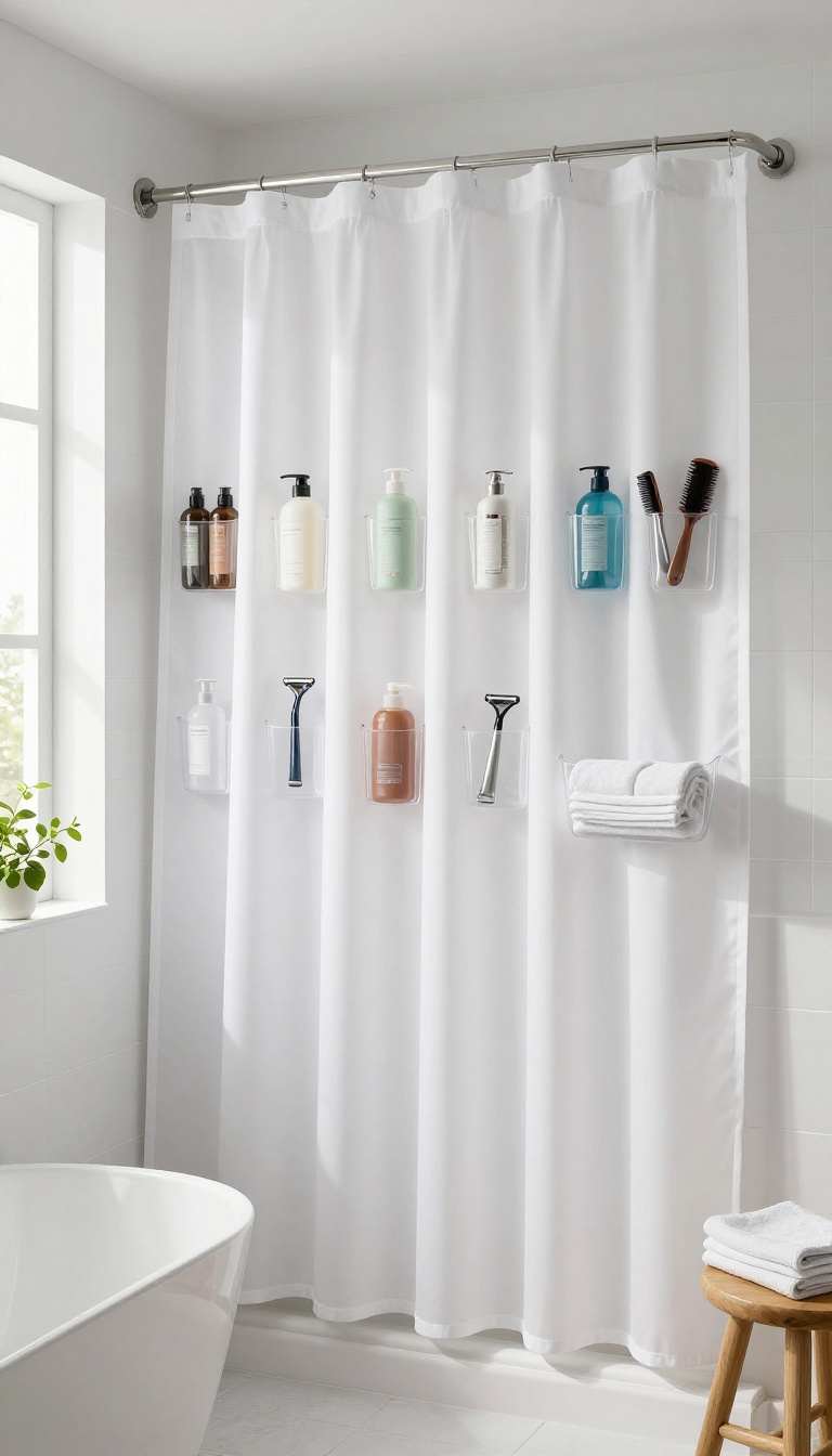 Pocket-panel shower curtain with organized toiletries in a small bright bathroom