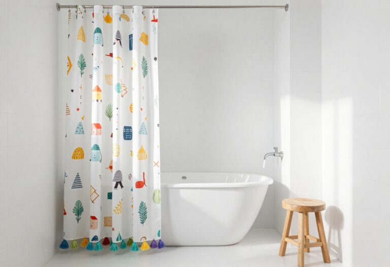 Playful shower curtain with tassels in a bright bathroom