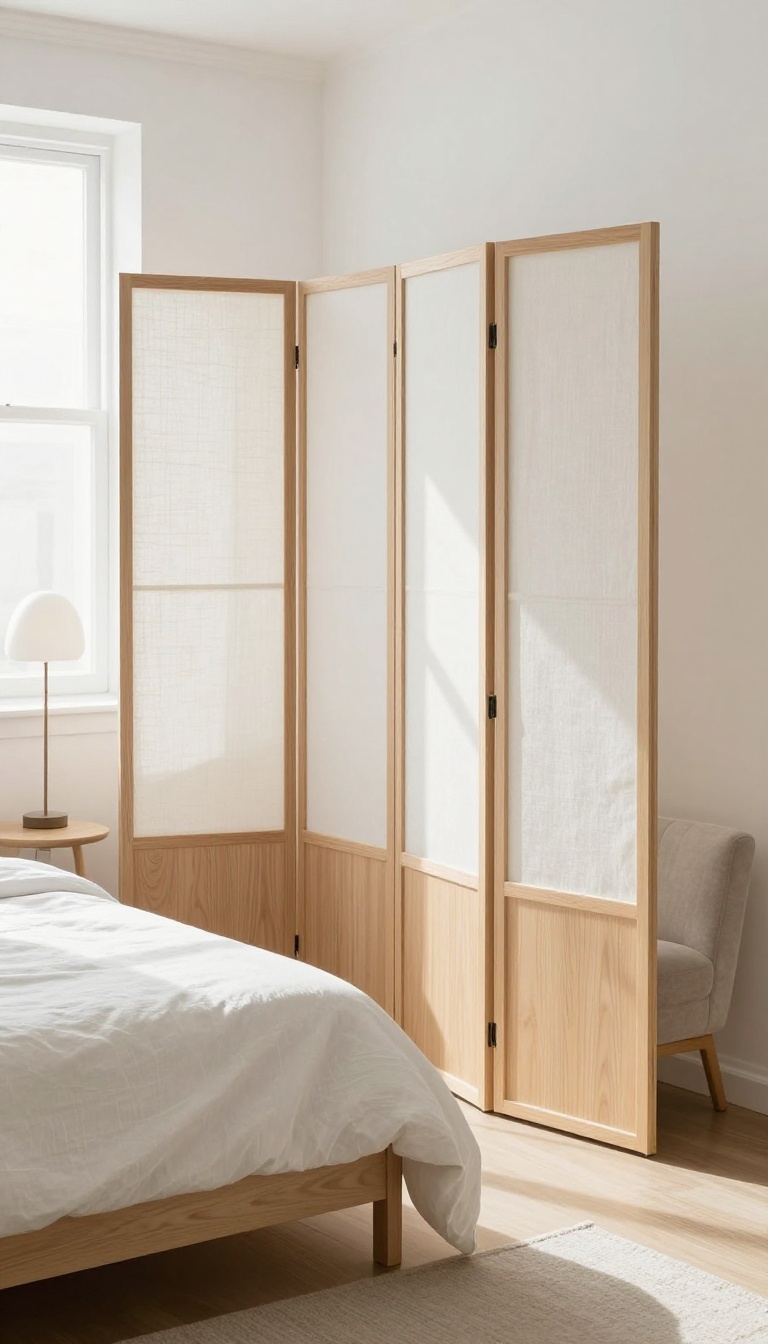 Small bedroom with a room divider creating a private sleeping nook and a separate cozy seating area