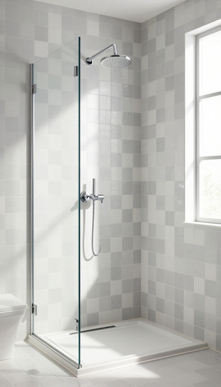 Modern bathroom shower with grey and white basket weave tile pattern, featuring a glass enclosure and rainfall showerhead in bright natural light.