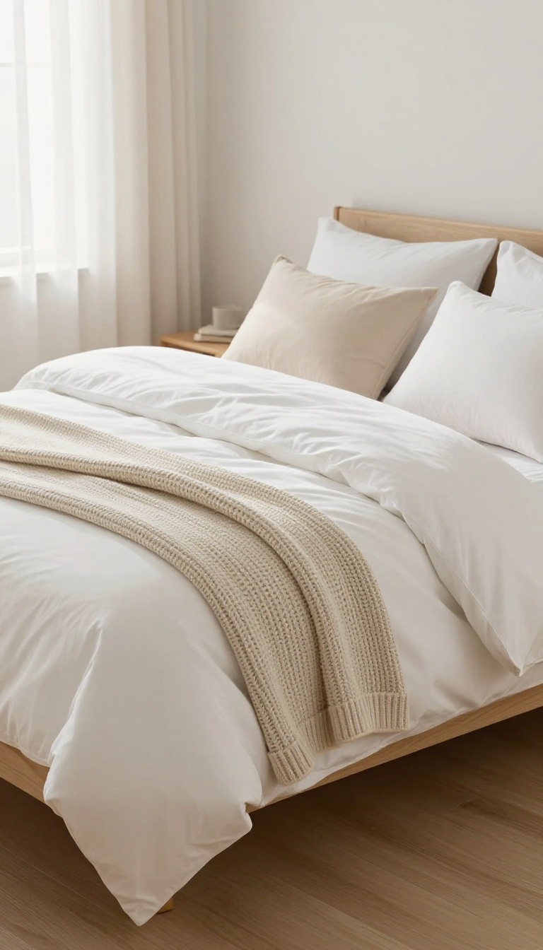 Cozy small bedroom with layered white bedding and a chunky knit throw at the foot of the bed, bathed in soft natural light.